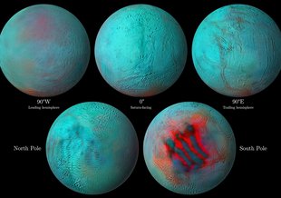 In these detailed infrared images of Saturn's icy moon Enceladus, reddish areas indicate fresh ice that has been deposited on the surface.