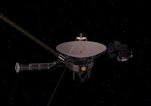 Voyager’s high-gain antenna, seen at the center of this illustration of the NASA spacecraft, is one component controlled by the attitude articulation and control system (AACS).