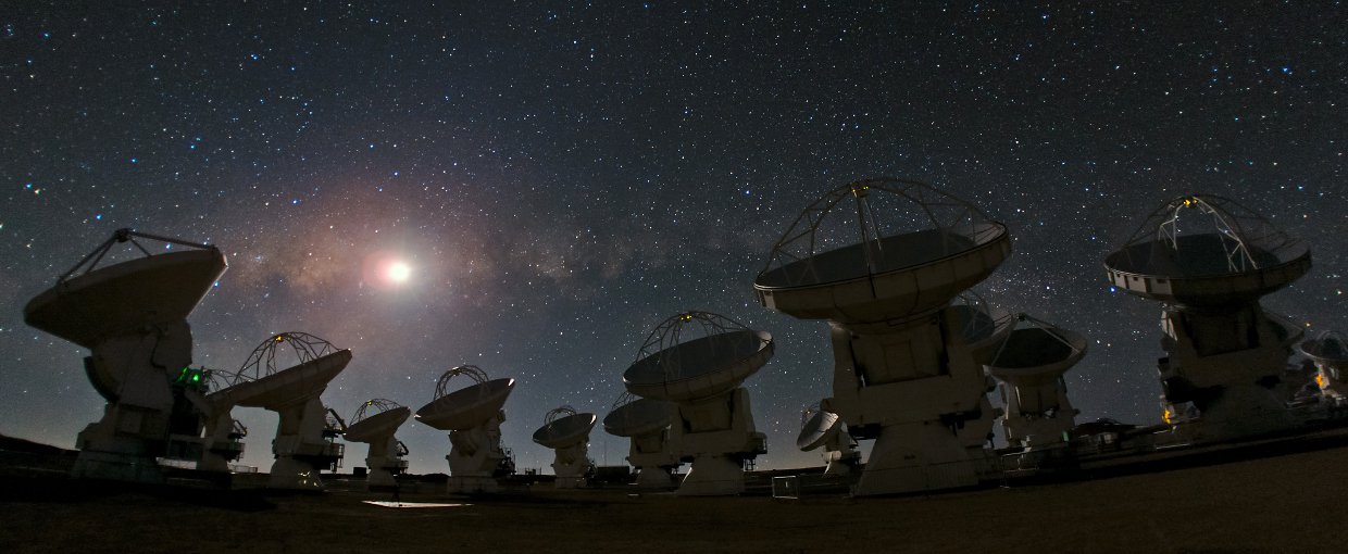 This panoramic view of Chajnantor shows the antennas of the Atacama Large Millimeter/submillimeter Array (ALMA) against a starry night sky.
