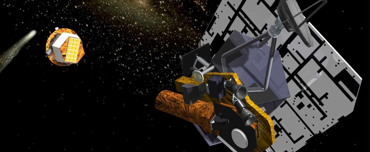 This is an artist's rendition of the flyby spacecraft releasing the impactor, 24 hours before the impact event. Pictured from left to right are comet Tempel 1, the impactor, and the flyby spacecraft.