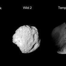 This composite image shows the three worlds NASA's Stardust spacecraft encountered during its 12 year mission. The flyby of asteroid Annefrank came on Nov.2, 2002, Comet Wild 2 on Jan. 2, 2004, and comet Tempel 1 on Feb. 14, 2011.