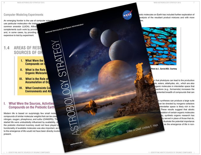 The <a href="https://astrobiology.nasa.gov/research/astrobiology-at-nasa/astrobiology-strategy/" target="_blank">2015 Astrobiology Strategy</a> identifies questions to guide and inspire astrobiology research in the lab, in the field, and in experiments flown on planetary science missions over the next decade.