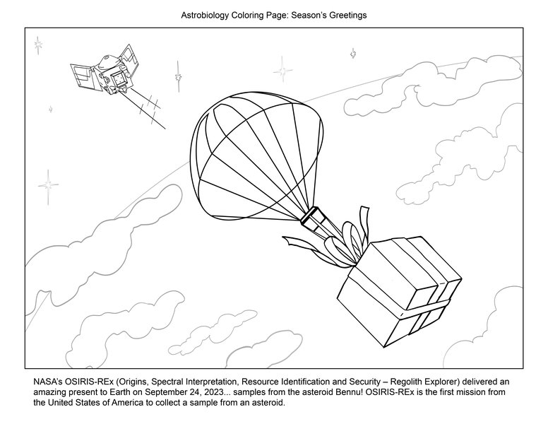 A black and white drawing of OREx delivering a present wrapped in a bow to Earth. The spacecraft is in the background with stars. The boxed gift descends in the foreground from a parachute past clouds and the arch of the Earth's horizon.