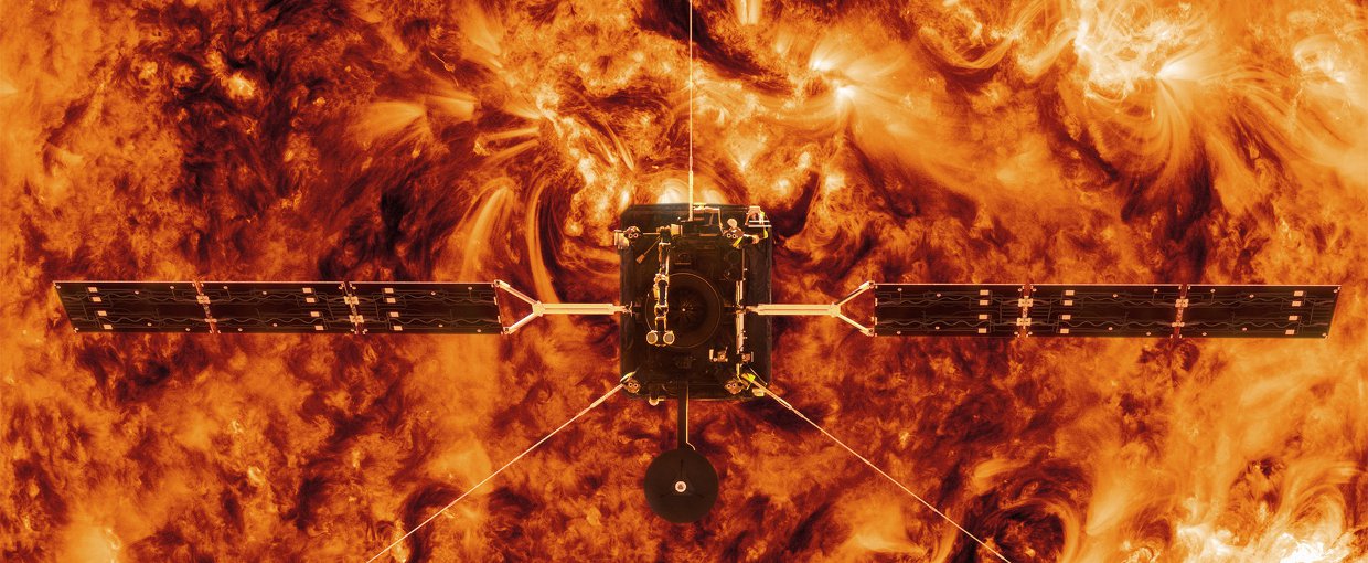 Illustration of ESA’s Solar Orbiter in front of the Sun. The Sun is based on an image captured by NASA’s Solar Dynamics Observatory, and has been adapted for this artistic view. Solar Orbiter is an ESA-led mission with NASA participation.