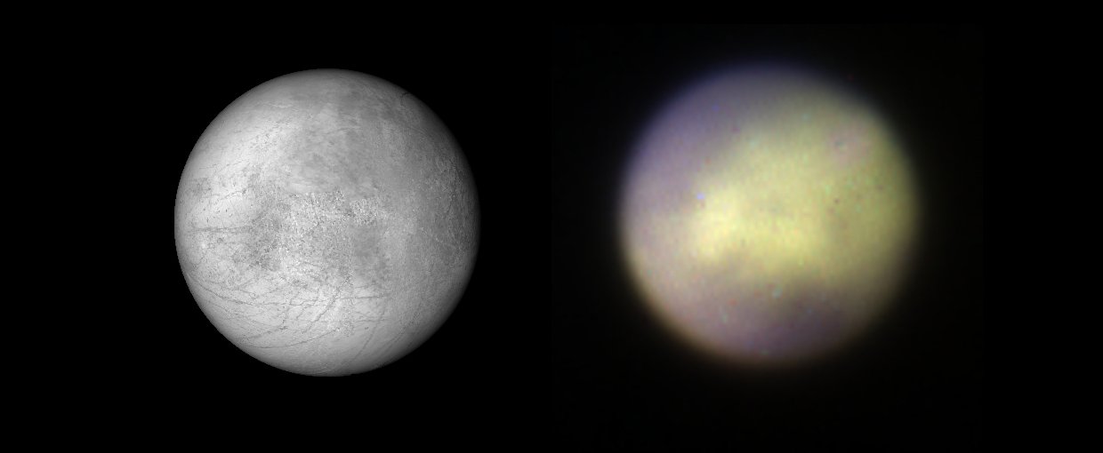 Comparison of Europa observed with Gemini Planet Imager in K1 band on the right and visible albedo visualization based on a composite map made from Galileo SSI and Voyager 1 and 2 data (from USGS) on the left.