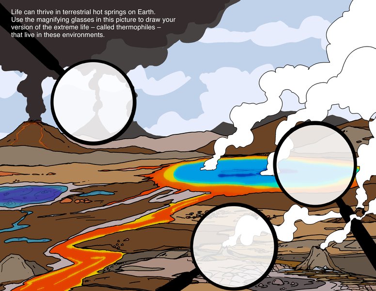 Life can thrive in terrestrial hot springs on Earth. Use the magnifying glasses in this picture to draw your version of the extreme life – called thermophiles – that live in these environments.