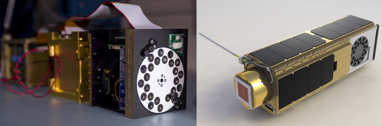 The O/OREOS payloads and bus undergo functional tests before integration with the satellite frame (left). A computer-generated image of the O/OREOS nanosatellite (right). Image credit: NASA /Dominic Hart (left); NASA Ames (right)