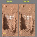 Color images acquired by NASA's Phoenix Mars Lander's Surface Stereo Imager on the 21st and 25th days of the mission, or Sols 20 and 24 (June 15 and 19, 2008). Images show sublimation of ice in the trench called "Dodo-Goldilocks" over four days.