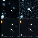 These images, taken with NASA's GALEX and the Pan-STARRS1 telescope in Hawaii, show a brightening inside a galaxy caused by a flare from its nucleus. The flare is a signature of the galaxy's central black hole shredding a star that wandered too close.