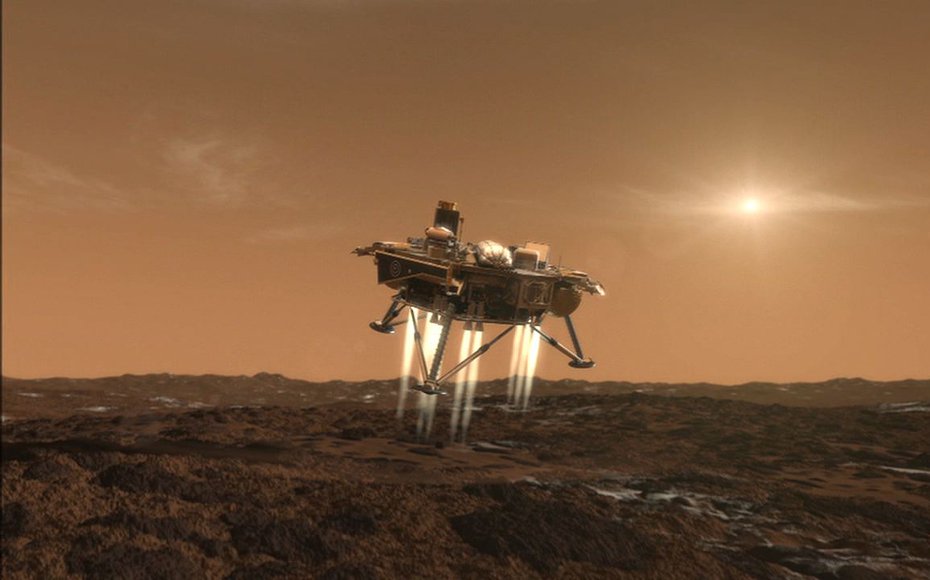 This artist's conception depicts NASA's Phoenix Mars Lander a moment before its touchdown on the arctic plains of Mars.