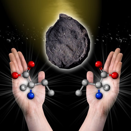 Artist's impression of amino acids (the building blocks of peptides) and an asteroid, symbolizing an alternative method by which amino acids could have arrived on Earth. 