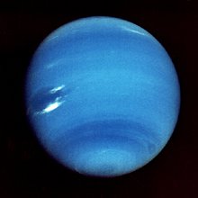Voyager 2 contrast-enhanced image of Neptune. This image was taken on 14 August 1989, 11 days before closest approach.