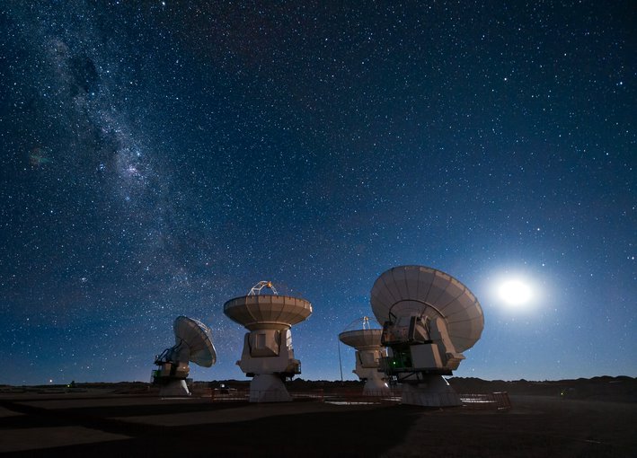 Four antennas of the Atacama Large Millimeter/submillimeter Array (ALMA) gaze up at the stars and the band of the Milky Way.  Astronomers can use such telescopes to study star formation, as well as the origins of galaxies and planets. Credit: ESO/José Francisco Salgado