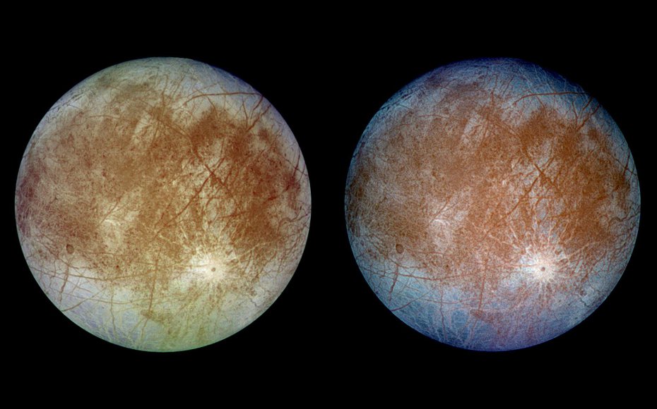 Two views of the trailing hemisphere of Jupiter's ice-covered satellite, Europa. The left image shows the approximate natural color appearance. The right is a false-color composite version combining violet, green and infrared images.